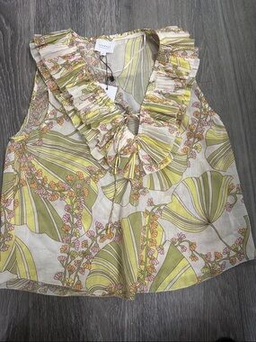 sundays Floral Ruffle Neck Sleeveless Top in Lime Green & Pink